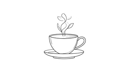Minimalist line art illustration of a teacup with aromatic steam forming a plant, representing fresh organic drinks and wellness