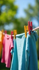 Colorful clothes pegs clipped to a taut clothesline, drying laundry outdoors in bright sunlight A summer scene of fresh, clean washing hanging on the line , rope, pegs, domestic life