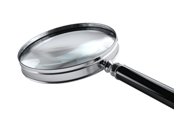 Close-up of a magnifying glass, metallic frame, clear lens, dark background