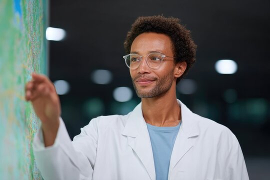 Smiling scientist engages with digital map, highlighting innovat
