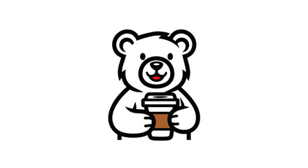 Cute cartoon white bear holding a takeaway coffee cup.
