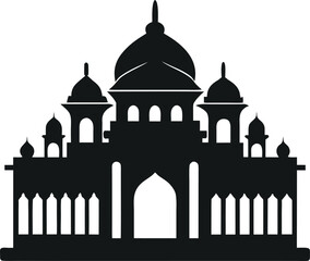 Silhouette of a traditional Islamic mosque with domes and minarets on a white background architecture