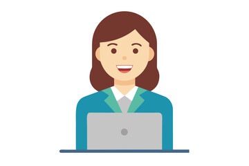 Cartoon illustration of a businesswoman working on a laptop with brown hair