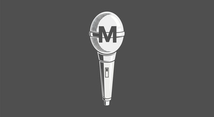White microphone with letter M on a dark background.