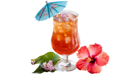 Refreshing tropical cocktail with hibiscus, ice, and umbrella