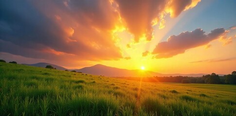 Golden hour sunlight streams through gaps in clouds, illuminating a landscape with warm, vibrant rays Perfect for nature, energy, and environmental themes , beautiful, heat