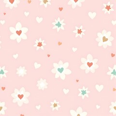 Cute Floral Heart Pattern Whimsical Pastel Flowers Seamless Background