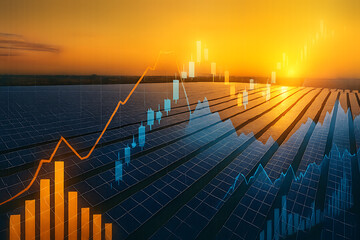 Solar panels with financial growth data chart overlay reflecting rising clean energy investment at scenic sunset landscape