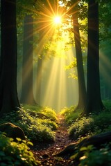 Golden sunbeams stream through gaps in a lush forest canopy, illuminating the dappled forest floor with a warm, ethereal glow Perfect for nature, serenity, and light themes , woods, sunlit, shade