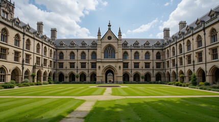 Obraz premium gothic university quadrangle, manicured lawn, historic stone architecture