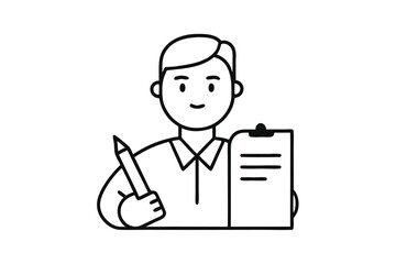 A minimalist illustration of a man with a clipboard and pen reviewing documents