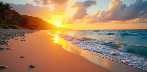 Golden hour sunlight bathes a pristine beach at sunrise, illuminating the sand and tranquil ocean waves Perfect for travel, vacation, or nature themes , sunlight, sunrise, oceanfront