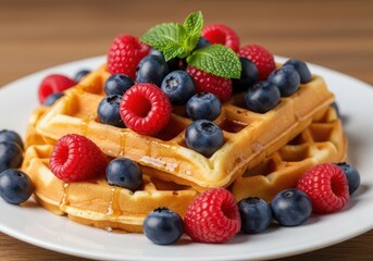 Delicious waffles topped with fresh raspberries and blueberries for a sweet breakfast