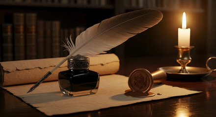 Evocative Scene Depicting Illuminated Candlelight, Quill, Ink Pot, and Scroll