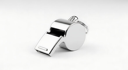 A close up shot of a shiny metal whistle with a ring on a white background in a studio setting ai generated