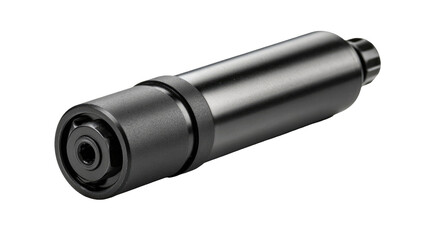 Black metal cylindrical device on white background, industrial design, precision engineering