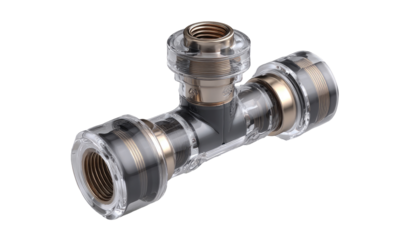 Clear plastic plumbing tee fitting, brass accents