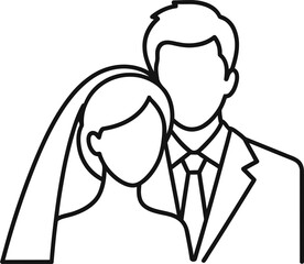 Elegant outline illustration of a newlywed couple in formal attire expressing affection