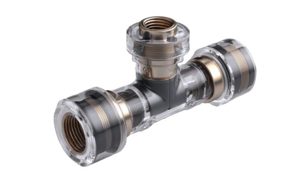 Clear plastic plumbing tee fitting, brass accents