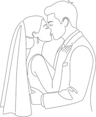 Elegant minimalist line art illustration capturing the intimate moment of a newlywed couple kissing