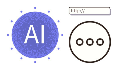 AI icon inside a blue circle, browser URL bar, and ellipsis with three dots. Ideal for technology, innovation, data, machine learning, web development automation futuristic ideas. Simple flat