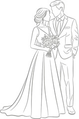 Elegant wedding outline illustration of a bride and groom in a romantic embrace design concept