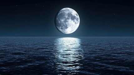 Full moon over calm ocean at night; serene seascape; peaceful nature scene; perfect for travel or relaxation imagery