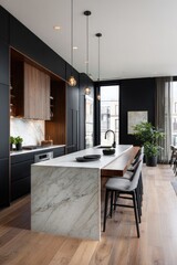 Fototapeta premium Modern kitchen with black cabinetry, wood accents, and a large marble island
