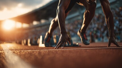 Close-up of a muscular athlete's legs and arms positioned on starting blocks, ready to sprint on a running track during a vibrant sunset