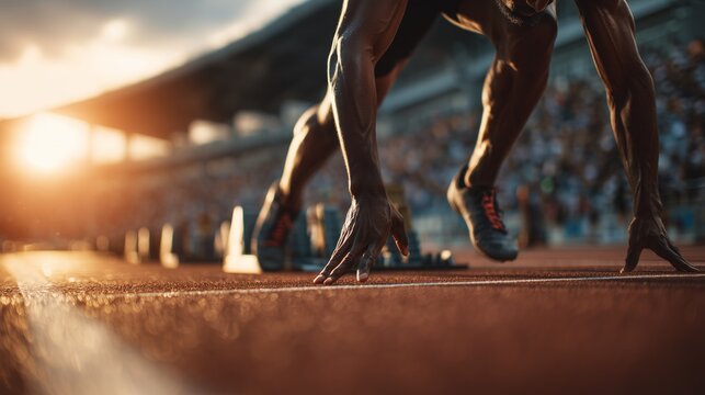 Close-up of a muscular athlete's legs and arms positioned on starting blocks, ready to sprint on a running track during a vibrant sunset