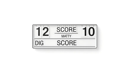 A white scoreboard displaying the score as twelve to ten with the name matty in the center ai generated