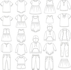 Assortment of outlined baby and toddler clothing apparel vector illustrations for fashion designs