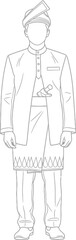 Detailed line drawing showcasing traditional malay attire for men with headgear and keris