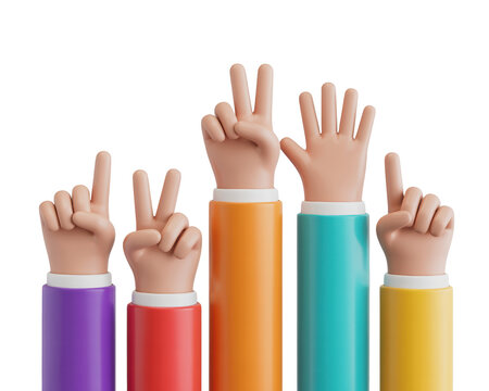 3d icon of five cartoon hands showing numbers from one to five, isolated on transparent background