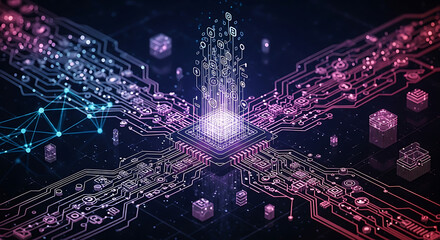 Detailed view of a glowing circuit board with data streams and geometric shapes in pink and blue hues ai generated