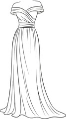 Elegant off-the-shoulder gown sketch emphasizing simplicity and flowing lines of formal wear