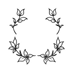 Elegant hand drawn black botanical wreath with delicate leaves and twigs on a white background