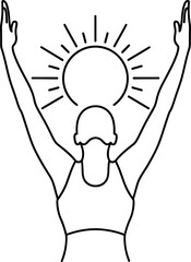 Silhouette of a person with arms raised in a yoga pose facing sunlight design