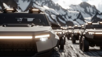 Wide cinematic shot of convoy of autonomous military vehicles moving in formation.