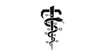 Obraz premium Futuristic Caduceus emblem blending ancient medicine with digital technology.