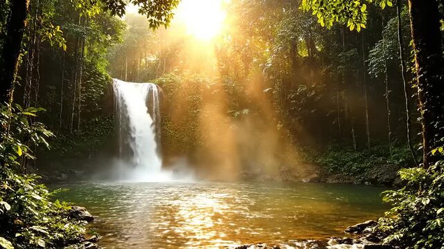 Majestic tropical waterfall in lush green jungle with golden sunlight streaming through trees