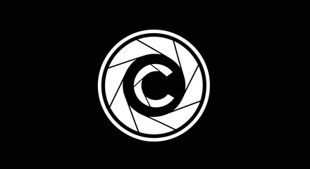 Circular Logo with Letter C and Aperture Design in White on Black.