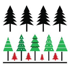 Obraz premium Multiple rows of stylized pine trees in black, green, and red