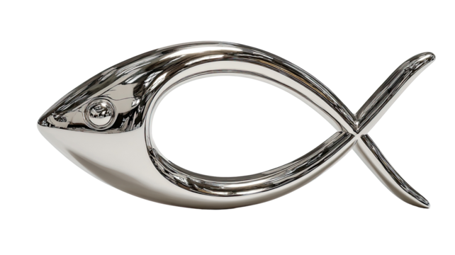 A stylized, polished chrome fish symbol