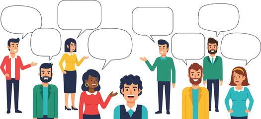 Diverse group of people communicating with speech bubbles representing discussions and ideas