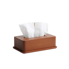 Wooden tissue box on table, tissues visible, clean background, home decor