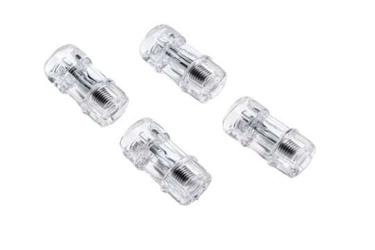 Four clear plastic cylindrical components, arranged diagonally.  Each component has a slightly recessed center