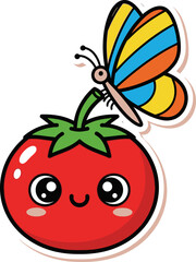 Delightful duo: Whimsical butterfly rests atop a cheerful cartoon tomato illustration