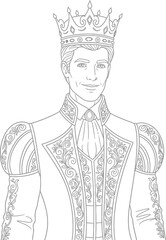 Line Art Portrait of a Handsome King in Elaborate Royal Attire for Coloring Pages