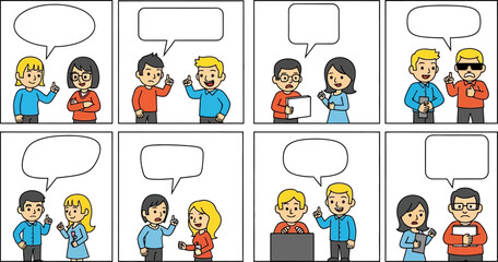 Blank cartoon panel template, featuring diverse characters in conversational scenes for comic